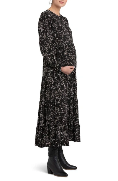Shop Ripe Maternity Trixie Long Sleeve Tiered Maternity Dress In Black / Natural