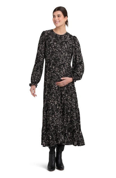Shop Ripe Maternity Trixie Long Sleeve Tiered Maternity Dress In Black / Natural