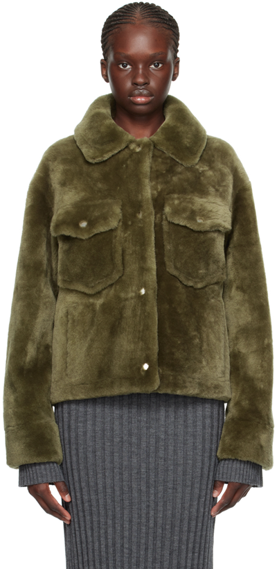 Shop Yves Salomon Khaki Spread Collar Shearling Jacket In A8153 Cypres