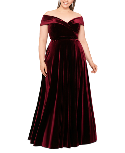 Shop Xscape Plus Size Velvet Off-the-shoulder Fit & Flare Gown In Burgundy