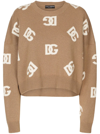 Shop Dolce & Gabbana Maglia Corta In Lana Con Intarsio Dg In Brown