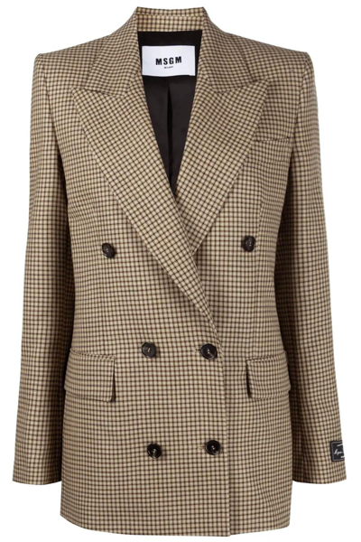 Shop Msgm Check Motif Double-breasted Blazer In Beige