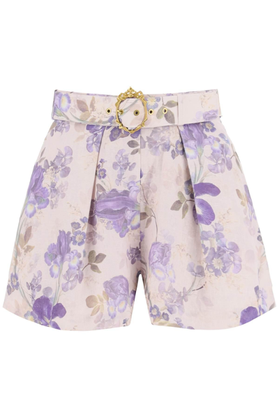 Shop Zimmermann Lyrical Linen Tuck Shorts In White,purple