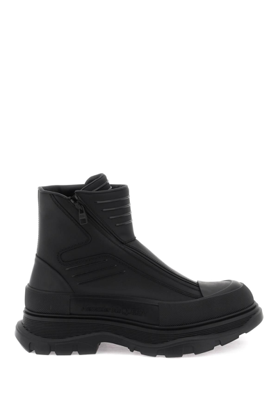 Shop Alexander Mcqueen Rubberized Fabric Tread Slick Ankle Boots In Black