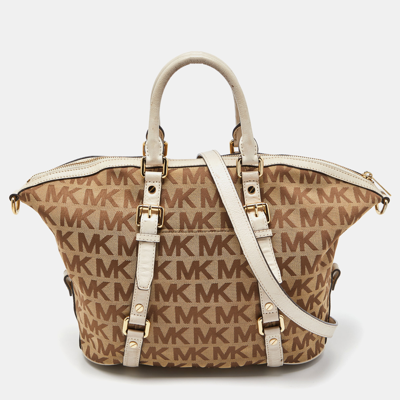 Pre-owned Michael Michael Kors Beige/white Gg Canvas And Leather Bedford Belted Shoulder Bag