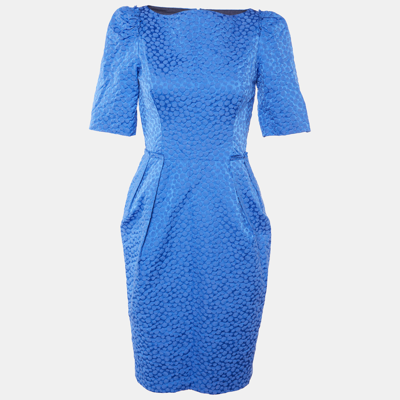 Pre-owned Ch Carolina Herrera Blue Embossed Cotton Sheath Dress S