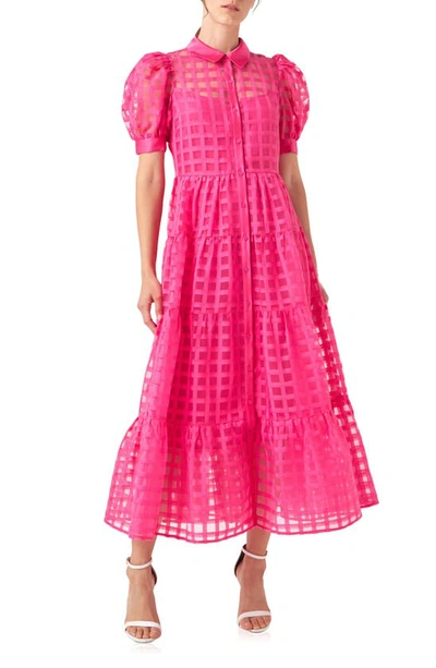 Shop English Factory Grid Pattern Tiered Midi Shirtdress In Fuchsia