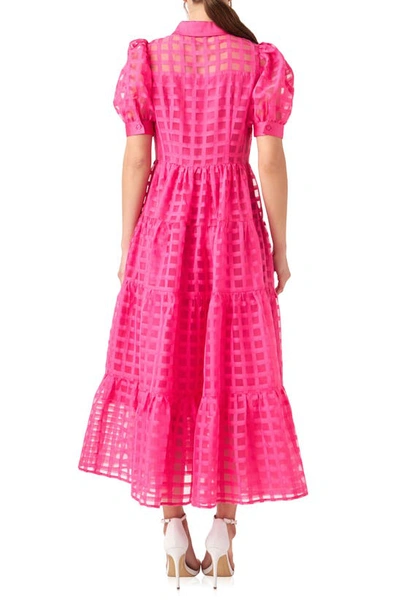 Shop English Factory Grid Pattern Tiered Midi Shirtdress In Fuchsia