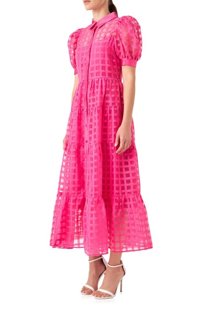 Shop English Factory Grid Pattern Tiered Midi Shirtdress In Fuchsia