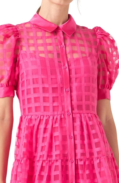 Shop English Factory Grid Pattern Tiered Midi Shirtdress In Fuchsia