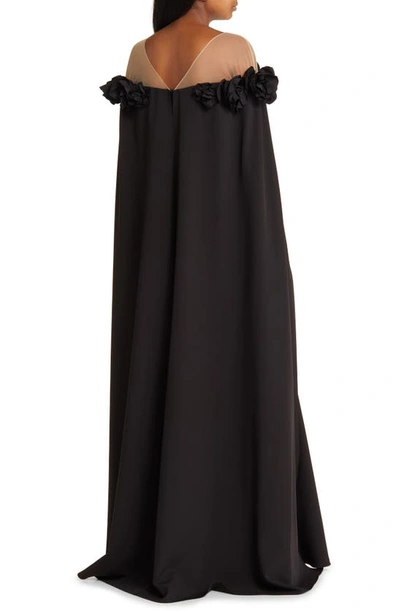 Shop Marchesa Notte Flower Detail Illusion Shoulder Cape Gown In Black