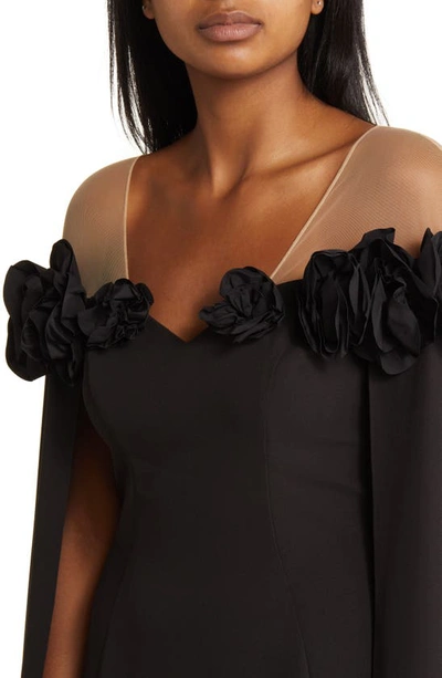 Shop Marchesa Notte Flower Detail Illusion Shoulder Cape Gown In Black
