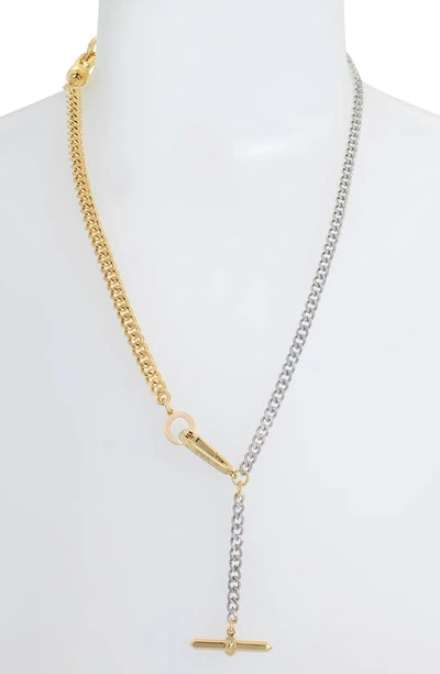 Shop Allsaints Two-tone Bar Drop Y-necklace In Rhodium/ Gold