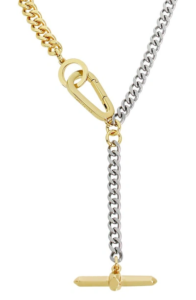 Shop Allsaints Two-tone Bar Drop Y-necklace In Rhodium/ Gold