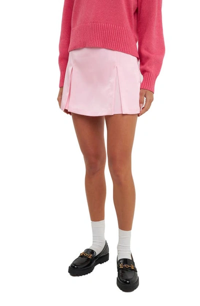 English Factory Pleat Front Satin Miniskort In Pink