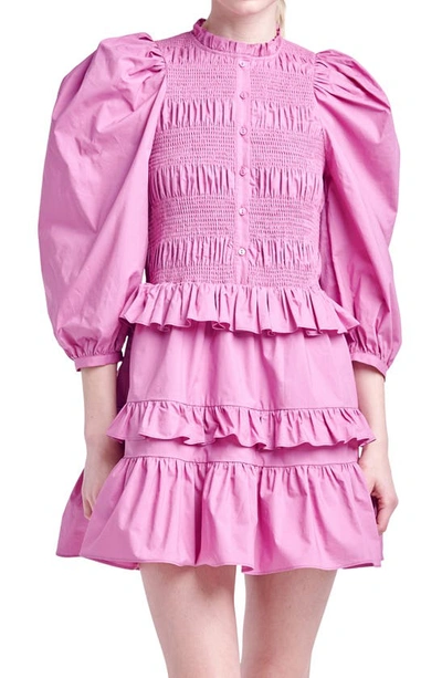 Shop English Factory Smocked Balloon Sleeve Cotton Minidress In Orchid