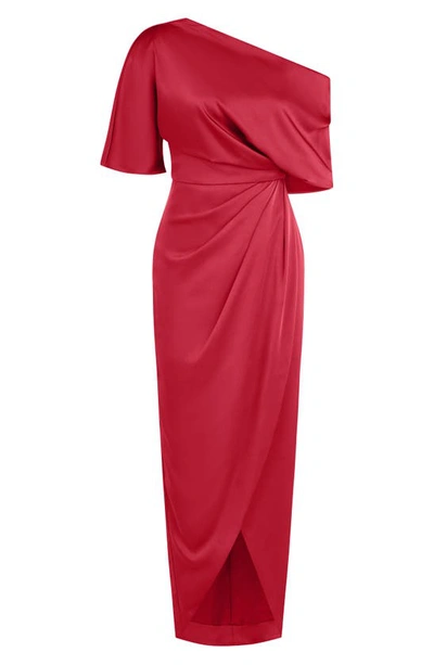 Shop Theia Rayna Drape One-shoulder Gown In Ruby
