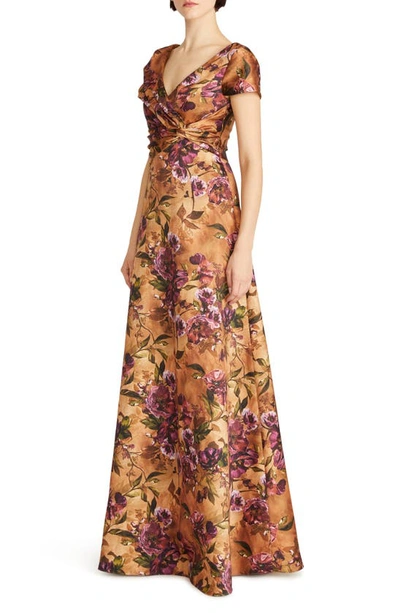 Shop Theia Nina Twist Drape A-line Gown In Gilded Poppies