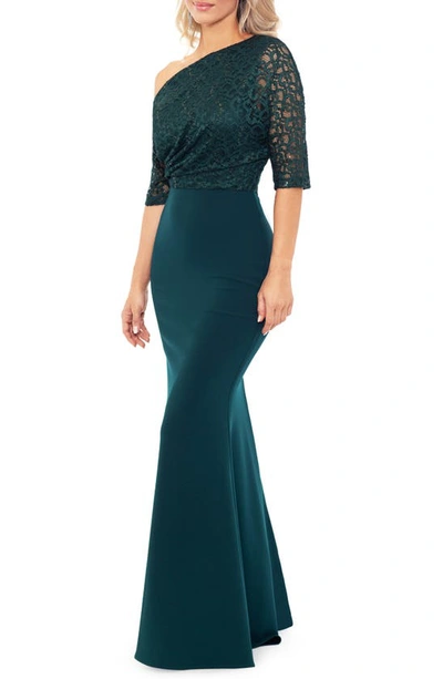 Betsy & Adam One-shoulder Sequin Lace Mixed Media Gown In Pine