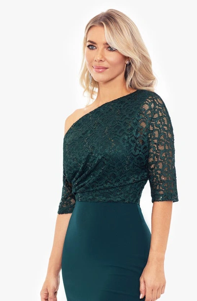 Shop Betsy & Adam One-shoulder Sequin Lace Mixed Media Gown In Pine