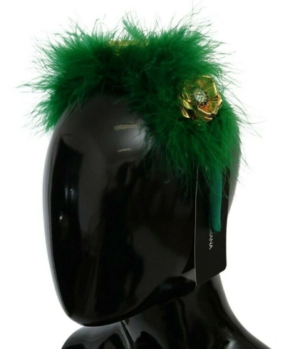 Shop Dolce & Gabbana Green Silk Fur Crystal Flowers Tiara Women's Headband
