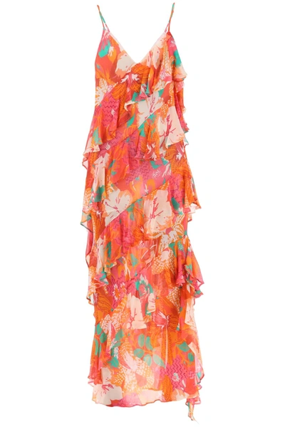 Shop Msgm Maxi Frilled Dress With Tropical Motif