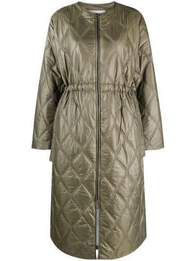 Shop Ganni Shiny Quilted Long Coat In Green