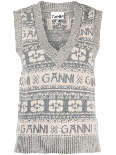 Shop Ganni Wool Blend Gilet With Logo In Grey