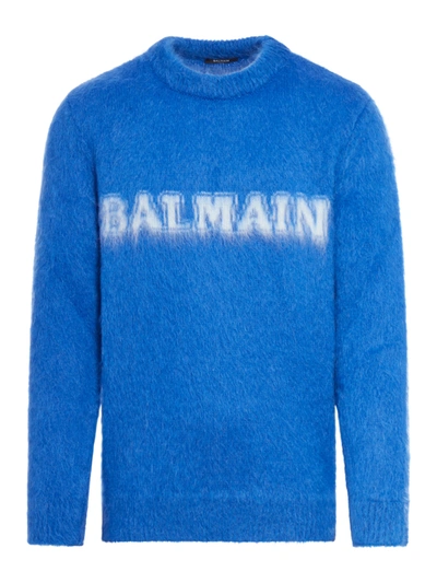 Shop Balmain Retro  Pullover In Brushed Mohair In Blue