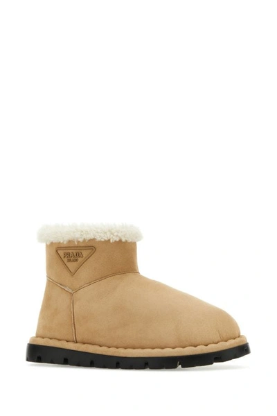 Shop Prada Woman Beige Suede Ankle Boots In Brown