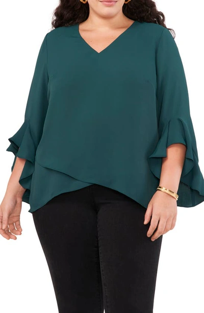 Shop Vince Camuto Flutter Sleeve Crossover Georgette Tunic Top In Deep Forest