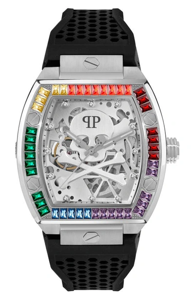 Shop Philipp Plein The Skeleton Silicone Strap Watch, 44mm In Steel