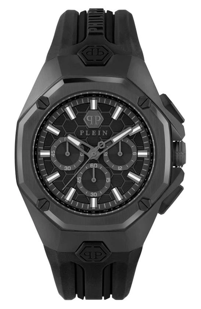 Philipp Plein Octagonal Case Chronograph Watch With Black Guilloche Dial In Ip Black