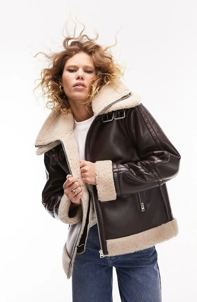 Shop Topshop Oversize Faux Leather Aviator Jacket With Faux Shearling Trim In Brown