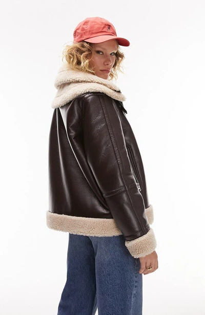 Shop Topshop Oversize Faux Leather Aviator Jacket With Faux Shearling Trim In Brown