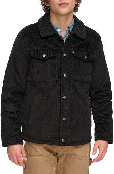 Shop Levi's Corduroy High Pile Fleece Lined Trucker Shacket In Black