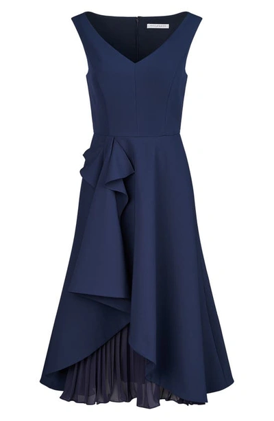 Shop Kay Unger Begonia Crepe & Chiffon Midi A-line Dress In Dark Midnight