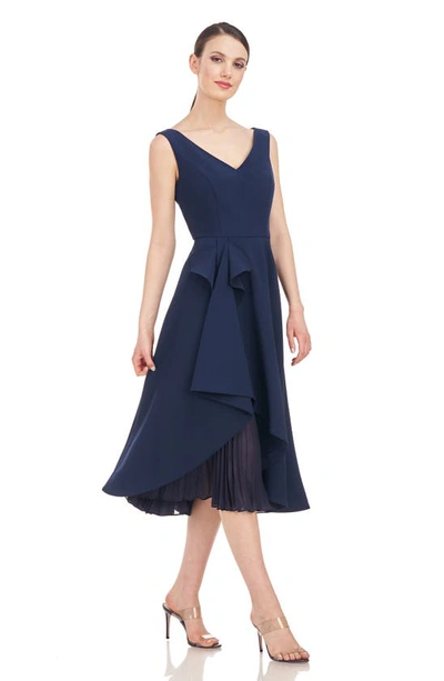 Shop Kay Unger Begonia Crepe & Chiffon Midi A-line Dress In Dark Midnight