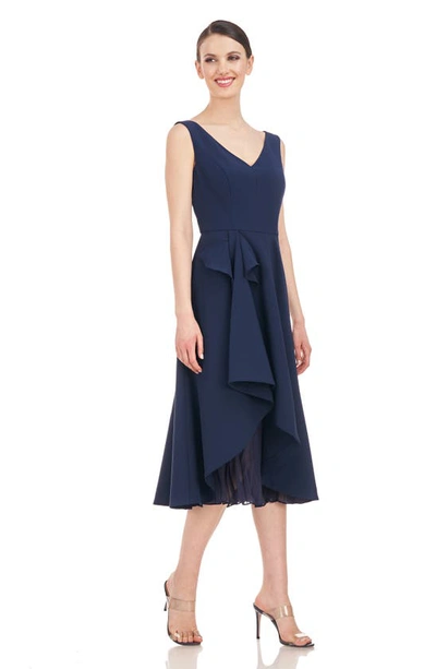 Shop Kay Unger Begonia Crepe & Chiffon Midi A-line Dress In Dark Midnight