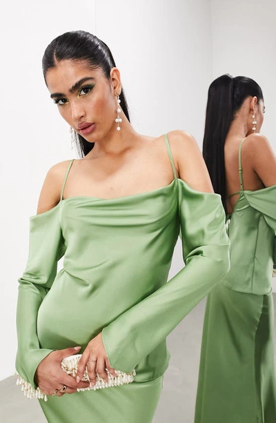 Shop Asos Design Edition Cold Shoulder Long Sleeve Satin Popover Gown In Medium Green