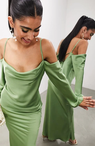 Shop Asos Design Edition Cold Shoulder Long Sleeve Satin Popover Gown In Medium Green