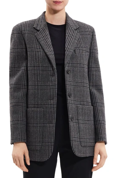 Shop Theory Plaid Elbow Patch Recycled Wool Blend Jacket In Charcoal Multi - Qdy