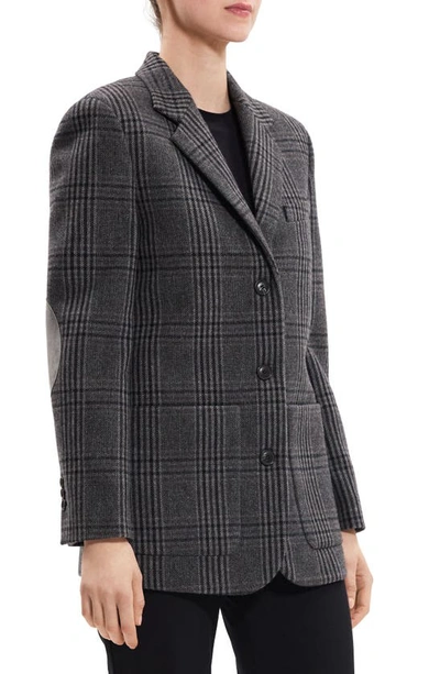 Shop Theory Plaid Elbow Patch Recycled Wool Blend Jacket In Charcoal Multi - Qdy