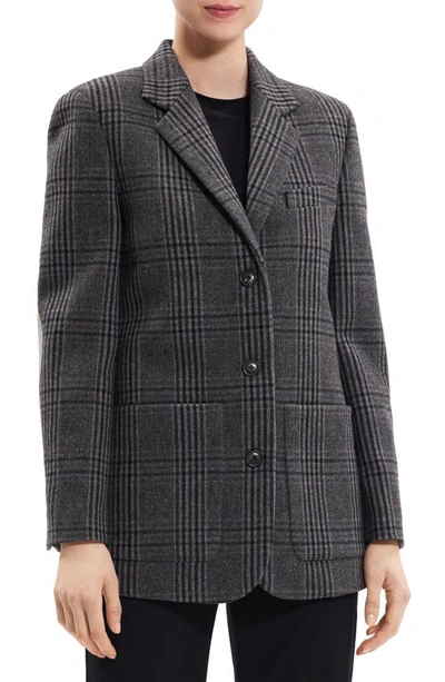Shop Theory Plaid Elbow Patch Recycled Wool Blend Jacket In Charcoal Multi - Qdy