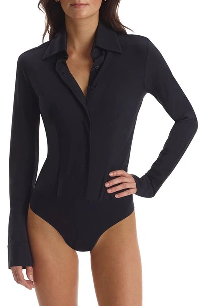 Shop Commando Classic Long Sleeve Button-down Thong Bodysuit In Black