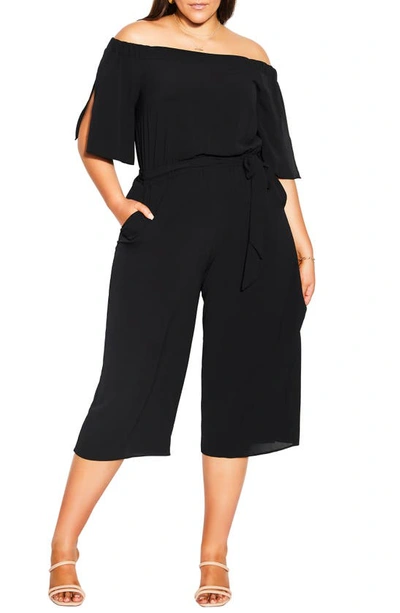 Shop City Chic Off The Shoulder Belted Crop Jumpsuit In Black