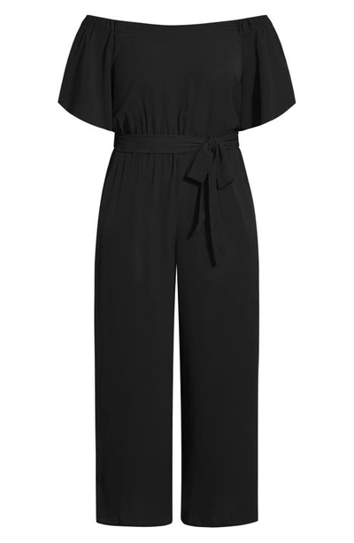 Shop City Chic Off The Shoulder Belted Crop Jumpsuit In Black