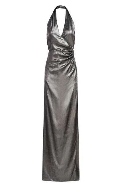 Shop Halston Gwyneth Metallic Chiffon Gown In Black