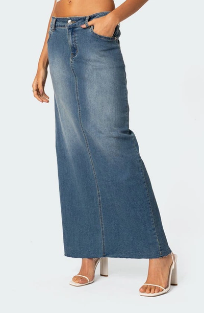 Edikted Elowyn Denim Maxi Skirt With Back Slit Detail In Blue