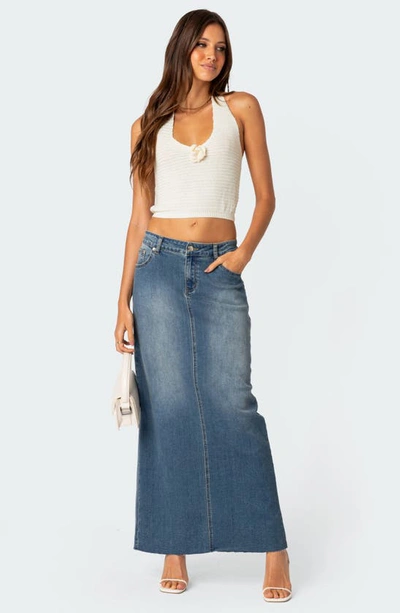 Edikted Elowyn Denim Maxi Skirt With Back Slit Detail In Blue